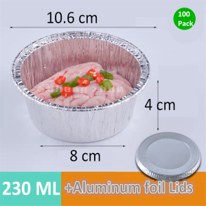Aluminum Disposable Pans Round with Aluminum Foil Lids (100 Pack), Round Foil Pans for Takeouts and Catering, Aluminum Pans Used Warming Appetizers, Baking Small Goodies-230 ML