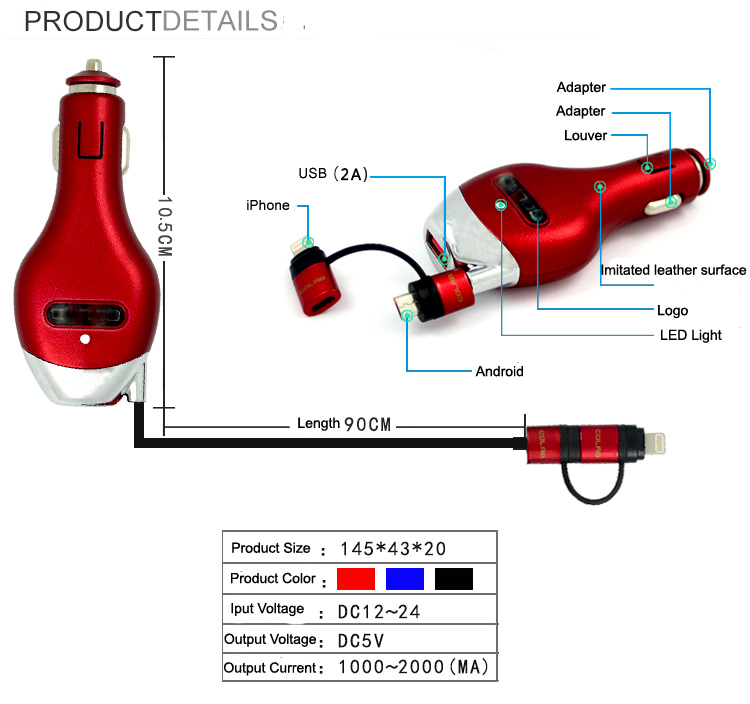 Retractable Cable USB Car Charger for iPhone Android Phone