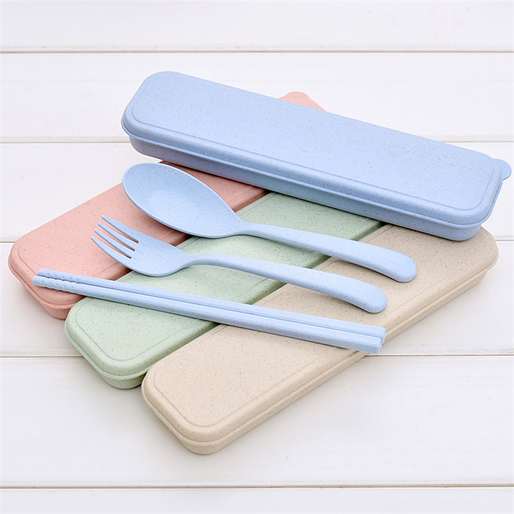 ECO Friendly Reusable Material Spoon Fork Chopsticks Wheat Straw Cutlery Set With Box Case