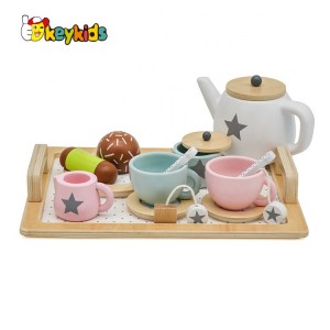 Most popular children afternoon wooden toy tea cup set with tray W10B318