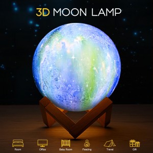 Color decorative blue sky 3D printed moon light, touch control 2 or 3 colors night light