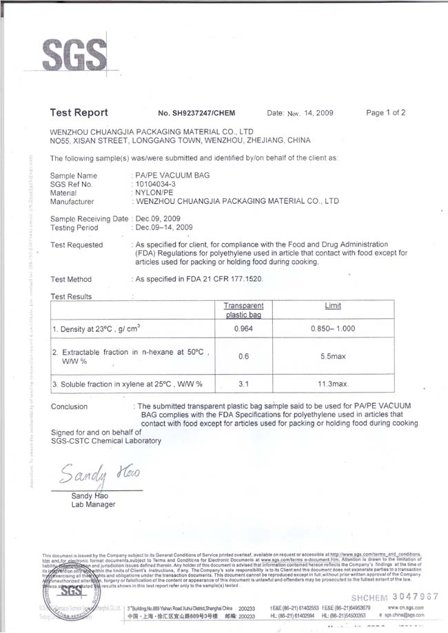 Heat Sealed Plastic Food Packaging Vacuum PE Nylon Bag