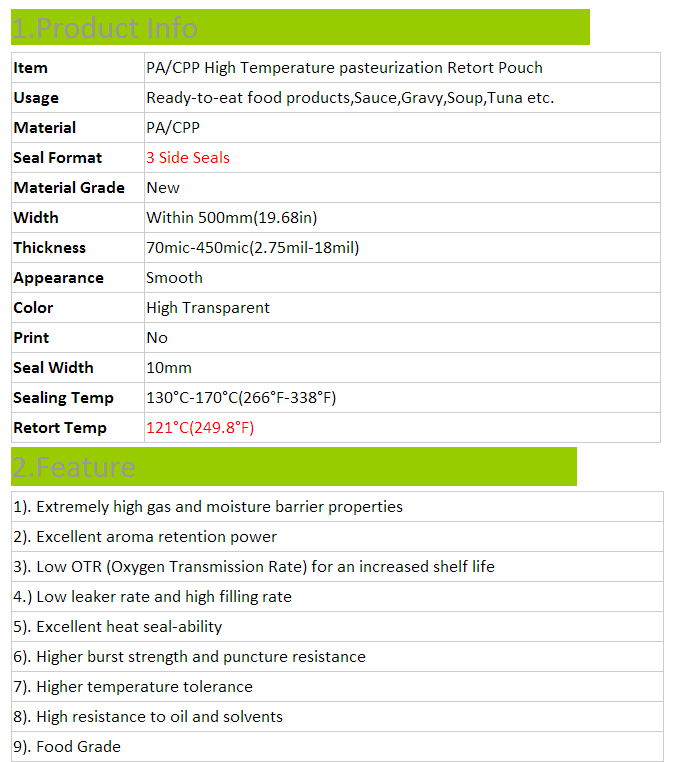 PA/CPP High Temperature Retort Pouch